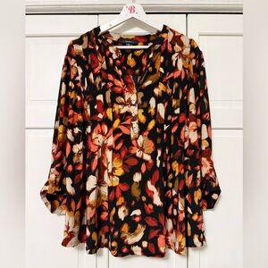 Cocomo Dark Floral Roll Tab Sleeve Blouse Size 2X Mature Office Career Casual